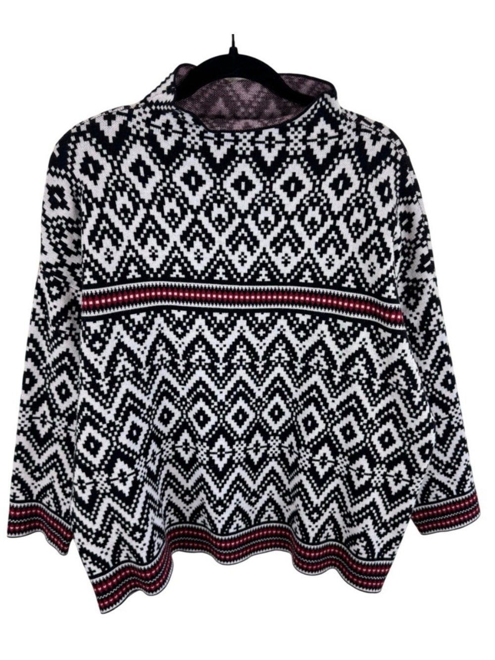 Tahari Womens 1X Mock Neck Sweater Black White Geometric Fair Isle Knit Pullover